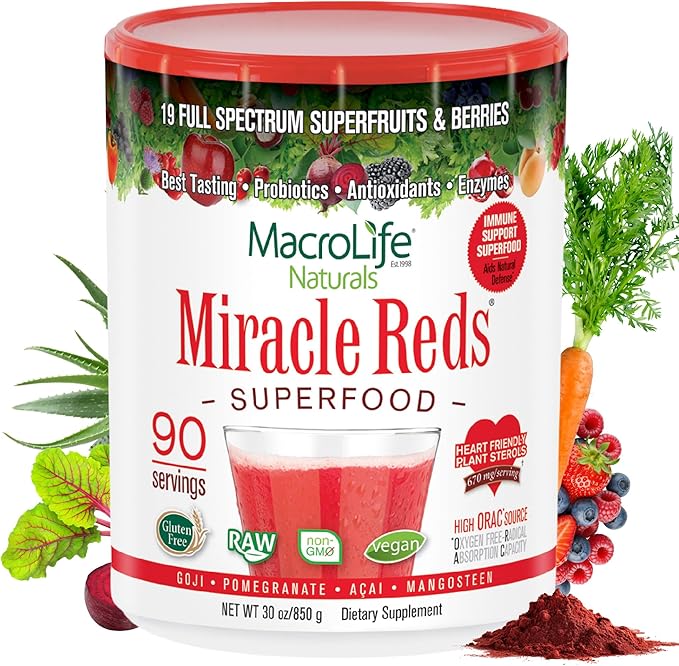 MacroLife Naturals Miracle Reds Superfood Powder 19 Blended Fruit &amp Berry Polyphenols Enzymes Probiotics &amp Antioxidants Supplement - Raw Non-GMO &amp Vegan Whole Food Vitamins - 30oz (90 Serv