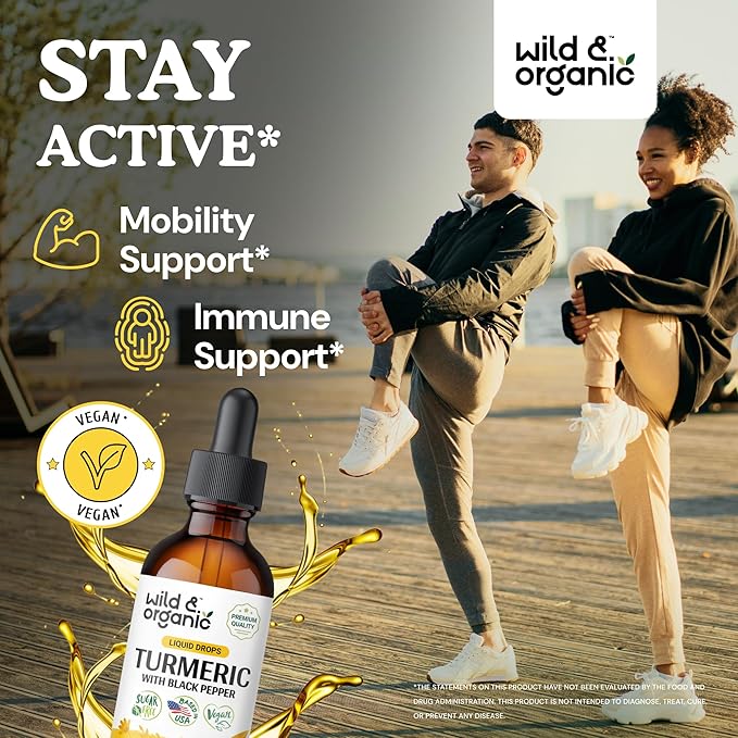 Wild &amp Organic Turmeric Curcumin Supplement with Black Pepper - Movement &amp Immune Support - Liquid Turmeric Curcumin with Black Pepper - Add to Tea Drops - Vegan Sugar &amp Alcohol-Free Tinc