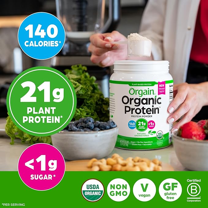 Orgain Organic Vegan Protein Powder Natural Unsweetened - 21g of Unflavored Plant Protein 4g Prebiotic Fiber Low Net Carbs No Added Sugar Non-GMO For Shakes &amp Recipes 1.59 lb