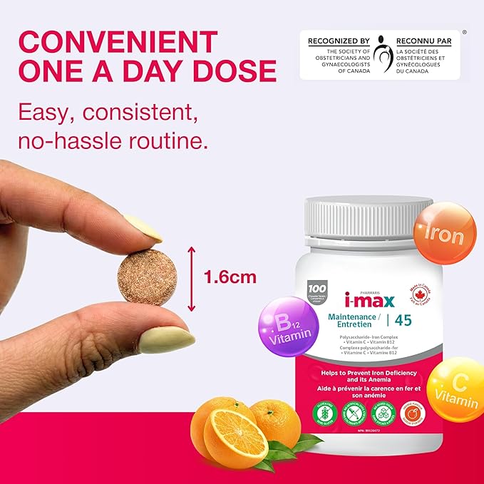 i-max Maintenance Iron Supplement 45mg Elemental Iron-Polyschaccaride Complex + Vitamin C &amp B12 Iron Supplement for Women &amp Men No Artificial Dyes Orange Flavor 100 Chewable Tablets