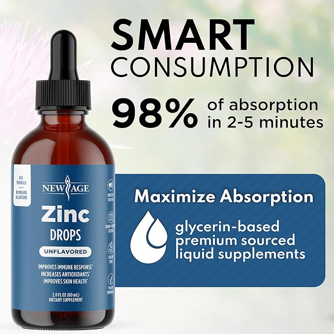 Liquid Zinc Drops for All Ages by NEW AGE - Zinc Sulfate for Immune Support Vegan Non-GMO &amp Gluten Free 120 Day Supply 4-Pack