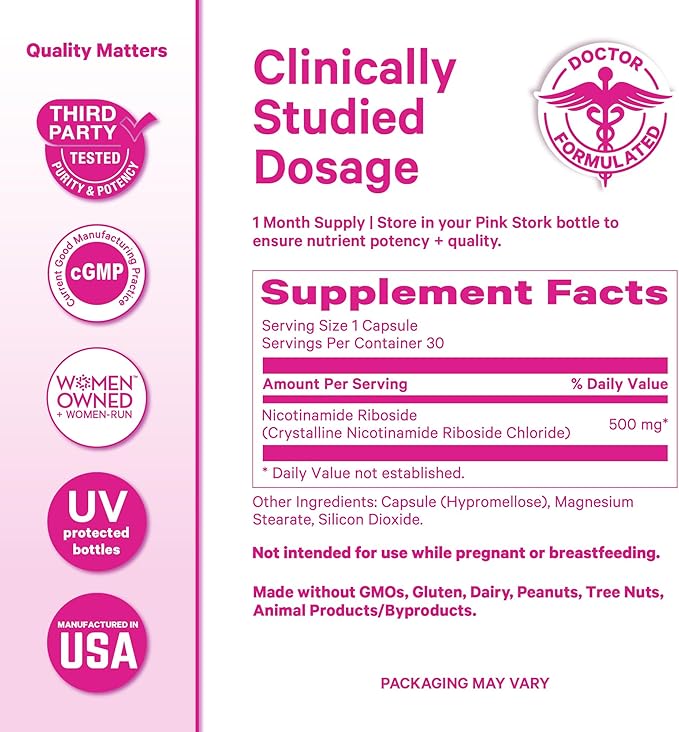 Pink Stork NAD+ Supplement for Women | 500mg Nicotinamide Riboside NR | Clinically-Studied Pure NMN Powder | Brain + Cognitive Support |Energy Skin Essentials Over 30 | 1 Month Supply