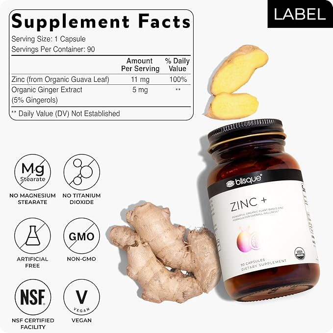 Blisque – Organic Zinc Supplement Sourced from Guava Leaves | for Immune Support Defense and Boost | with Ginger Extract | 90 Capsules
