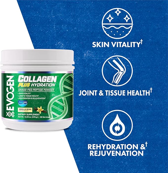 Evogen Collagen Plus Hydration - Grass-Fed Collagen for Women &amp Men | Collagen Peptides Powder | Collagen Powder Supporting Skin Vitality Hydration Joint &amp Tissue Health | Vanilla Bean | 30