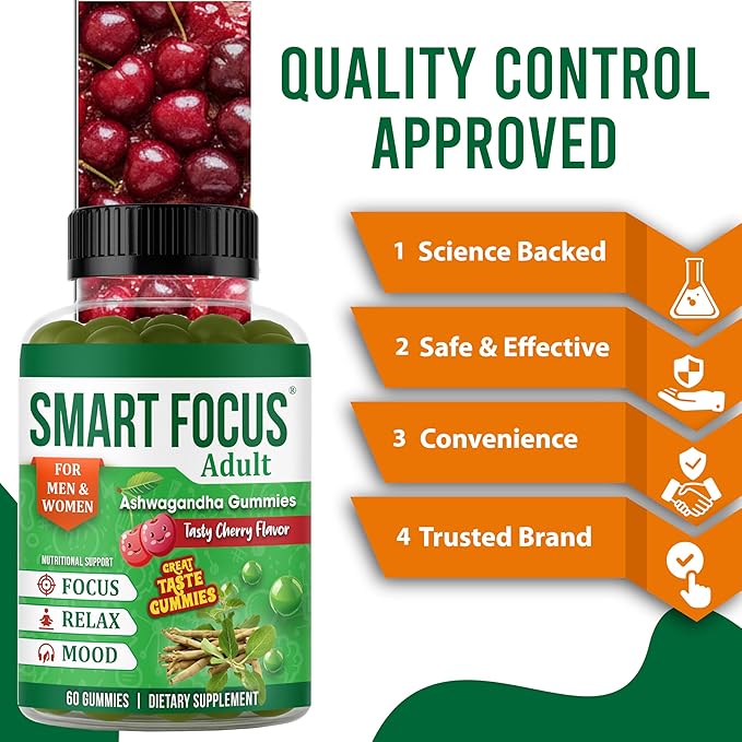 Ashwagandha Gummies for Focus Support - Organic Ashwagandha Supplement for Men &amp Women Brain &amp Memory Support Adaptogenic Calm Gummies with Ashwagandha Root - 60 Gummies