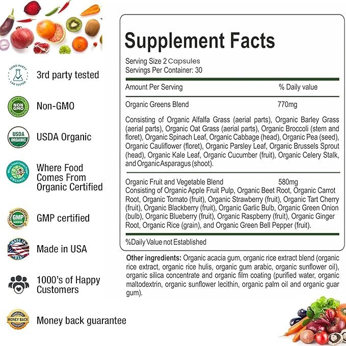 Organic Superfood Greens Fruits and Veggies Complex - Dietary Supplement with 14 Greens and 14 Fruits &amp Vegetables with Alfalfa Rich in Antioxidant Organic Ingredients Non-GMO 60 Count