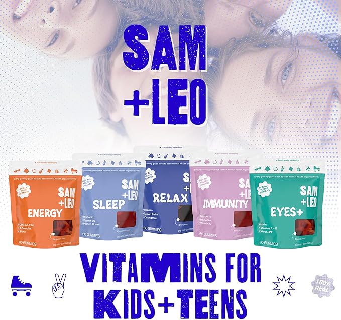 SAM+LEO Vitamin B Complex Gummies with Biotin for Kids &amp Teens - Caffeine-Free Focus &amp Energy Support Supplement Gummies | Vegan &amp Gluten Free Supplement - Strawberry Flavor (60 Count)