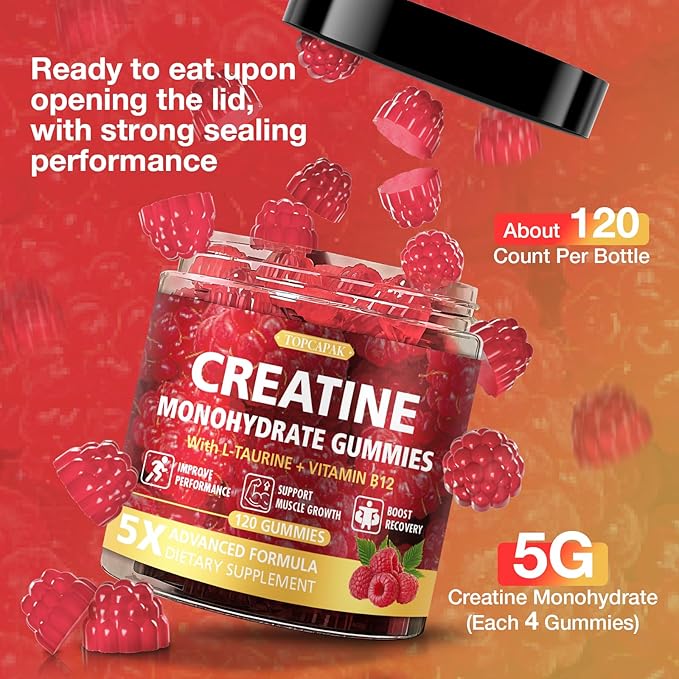 Creatine Gummies for Men &amp Women - Chewable Creatine Gummy with Taurine &amp Vitamin B12 5g Creatine Monohydrate per Serving 120 Gummies - Raspberry Flavor Raspberry-Shaped