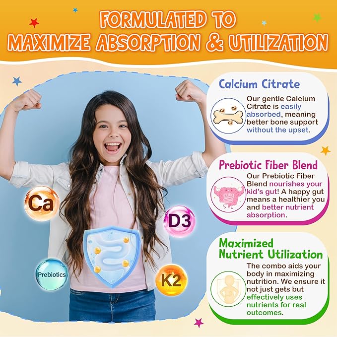 Kids Calcium Gummies with Vitamin D3 K2 - Calcium Citrate with Magnesium Zinc Omega-3 and Probiotics for Kids Bone Health Digestive &amp Development Support - Sugar Free Gummies Non-GMO Vegan