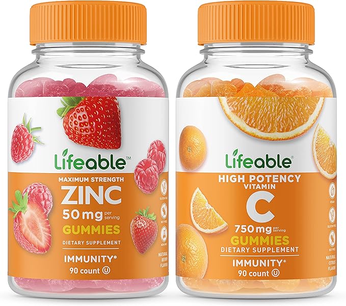 Lifeable Zinc 50mg + Vitamin C 750mg Gummies Bundle - Great Tasting Vitamin Supplement Gluten Free GMO Free Chewable Gummy