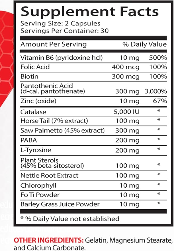 Folic Acid with zinc - Anti Gray Hair Natural Formula - Prevent Hair Loss (6 Bottles)