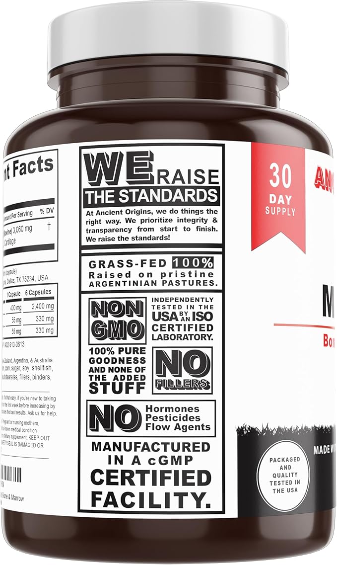 Grass Fed Bone Marrow Supplement 3060mg Skin Oral Health and Joint Support Supplement Promotes Whole-Body Wellness Non GMO Whole Bone Extract 180 Capsules