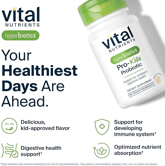 Hyperbiotics Vital Nutrients Pro Kids Probiotic | Allergen-Free Toddler Probiotics for Kids | Targeted Immune Gut and Digestive Health | Sugar-Free Orange Flavor | 60 Chewable Tablets