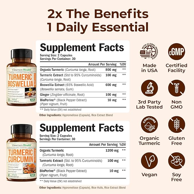 Turmeric Boswellia + Turmeric Curcumin Supplement with Black Pepper Extract Bundle – 95% Curcuminoids for Joint &amp Digestive Health - Joint Support Supplement – with Ginger Root Organic Tumeric Po
