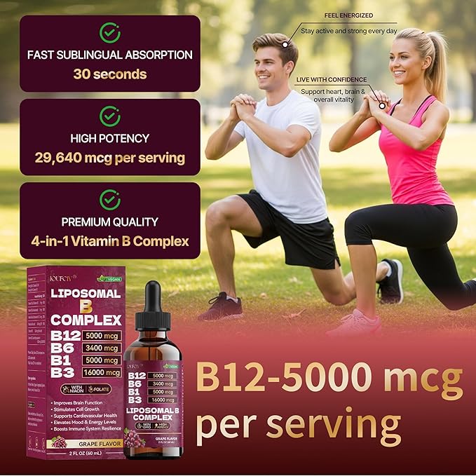 Liposomal Vitamin B Complex | Maximize Absorption Vitamin B12 Sublingual with B6B1B3 | Folic+Niacin | B12 Vitamins 5000mcg for Daily EnergyFocusMoodNerves &amp Brain