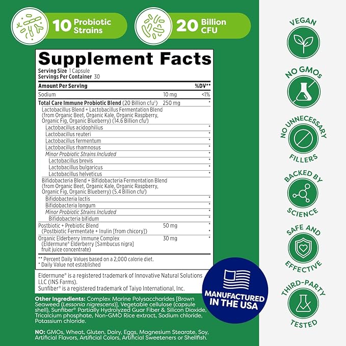 Probulin Total Care Immune = Prebiotics + Probiotics + Postbiotics + Elderberry to Support Immune &amp Gut Health - 20 Billion CFU - 10 Strains - 30 Vegan Capsules (Twin Pack)