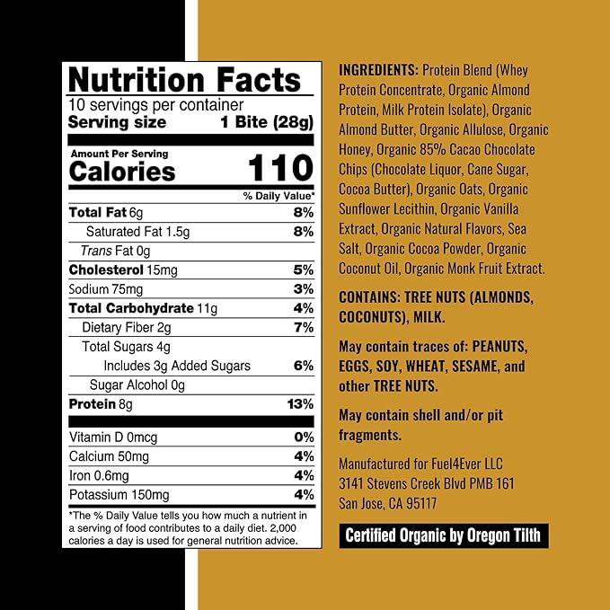 Fuel4Ever Protein Bites Chocolate Chip Cookie Dough | 8 G Protein Each | Certified Organic | 10 Individually Wrapped Bites