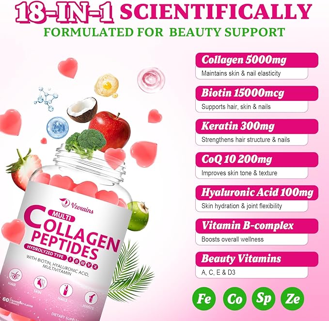 Collagen Peptides Gummies Collagen Gummies for Women &amp Men Type IIIIIIVX Protein with Biotin Hyaluronic Acid Vitamin C for Healthy Skin | Strawberry Flavored Sugar Free 120 Cts