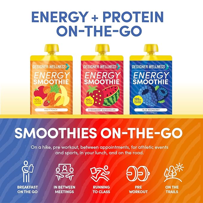 Designer Wellness Energy Smoothie Real Fruit 100mg Natural Caffeine 5g Protein Low Carb Zero Added Sugar Gluten-Free Variety Pack 12 Count
