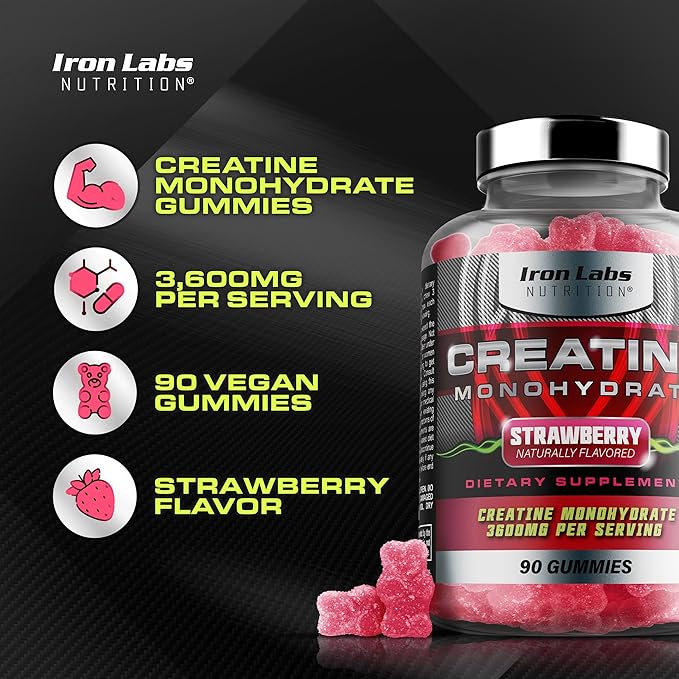 Iron Labs Nutrition Creatine Monohydrate Gummies (180 Gummy Bears) - 3600mg Per Serving - LAB Tested - Strawberry Flavor - High Strength Creatina for Men &amp Women (180 Vegan Gummys)