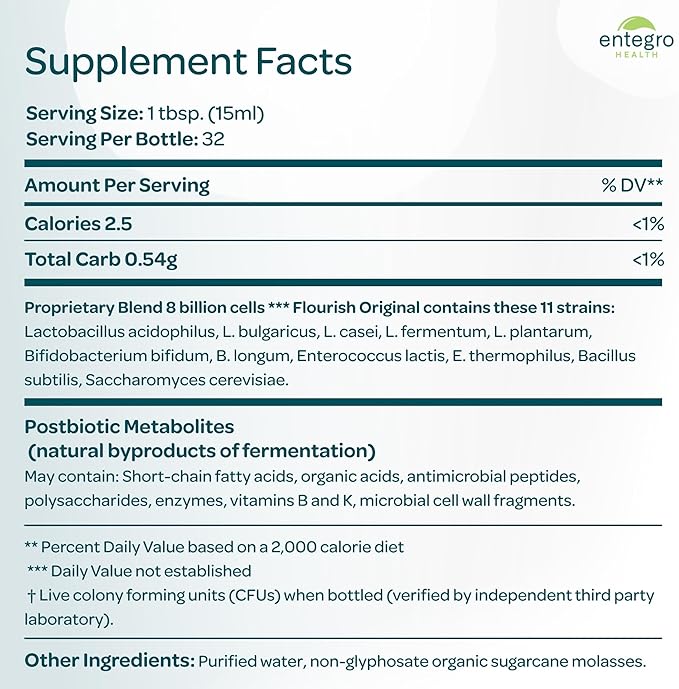 ENTEGRO Flourish to Go Liquid Probiotic &amp Postbiotic Supplement | 11 Live Cultures | Gut &amp Digestive Health for Women Men &amp Kids | Organic Vegan Allergen Free | USA Made | 4 x 3.4 fl oz