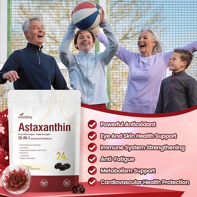 VivoNu Astaxanthin 24mg – Powerful Antioxidant Support for Skin Eyes &amp Immune System – 10-in-1 Formula with Lycopene Grape Seed Vitamin E &amp Zinc – Triple Strength 720 Softgels 3 Bag
