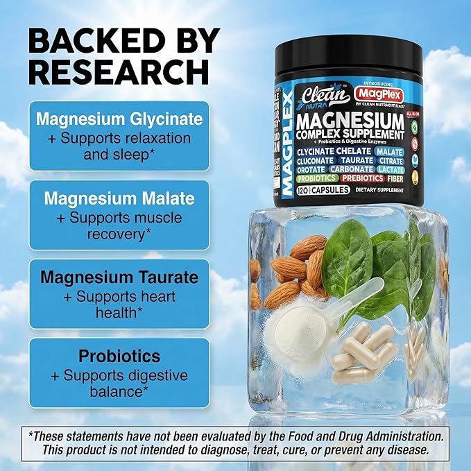 8in1 Magnesium Supplement Complex | Magnesium Glycinate Citrate Malate Gluconate Orotate Carbonate Lactate + Prebiotics Probiotics Digestive Enzymes Magnesio Capsules for Women Men By Clean Nutra