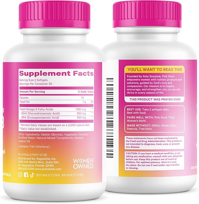 Pink Stork Omega 3 Fish Oil Supplements for Women with DHA and EPA - High Potency Burpless Omega-3 Supplement for Cognitive Health - 60 Softgels