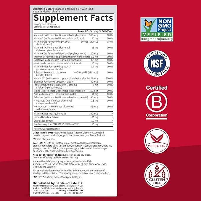 Garden of Life Dr. Formulated Multi+ Heart Health - Fermented Liposomal Multivitamin + Vitamin K2 MK-7 B Vitamins &amp Probiotics - One a Day for Cardiovascular &amp Blood Vessel Function 30 Capsu