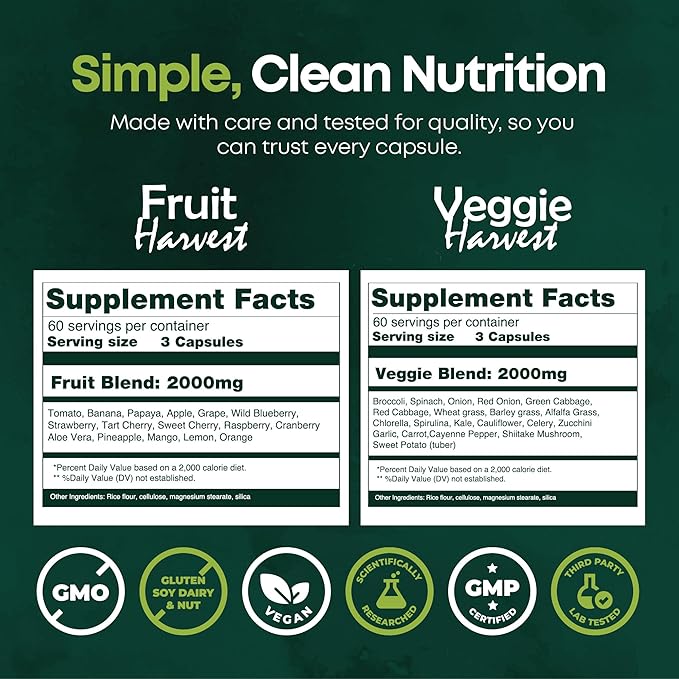 Fruits and Vegetables Supplements – 2 Pack Combination Fruit &amp Veggies Supplement – Whole Food Vitamins &amp Minerals for Adults – Superfood Veggie Vitamins for Adults (180 x 2 360 Ct)