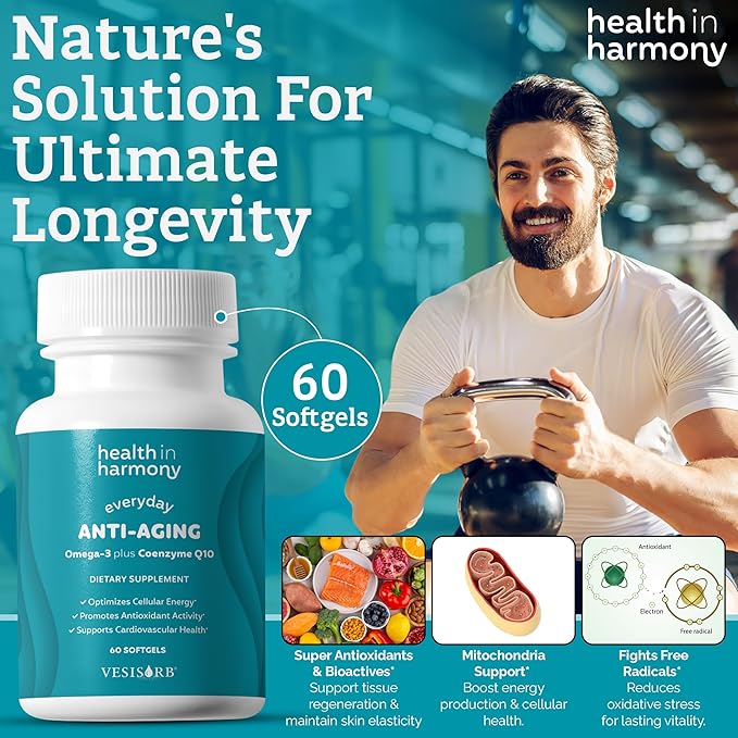 Everyday Anti-Aging Supplement - Omega 3 Fatty Acid Supplements + High Absorption Coq10 - Energy Supplements for Heart Health &amp Overall Vitality - Non GMO Softgels Powered by Vesisorb® (60 Ct)