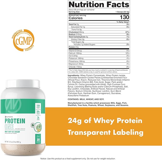 NutraOne ProteinOne Whey Protein Promote Recovery and Build Muscle with a Protein Shake Powder for Men &amp Women (Mint Chip Ice Cream 2 LB)