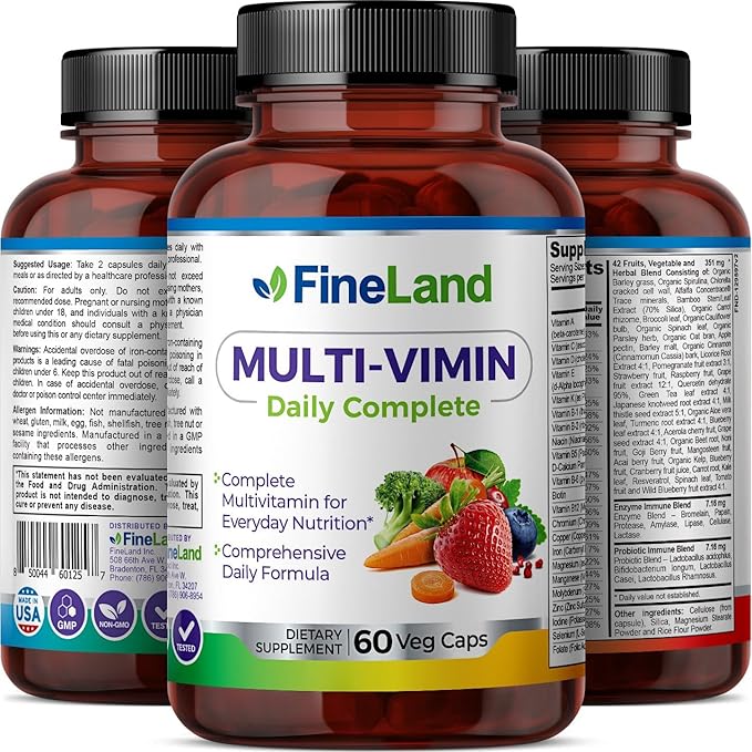 FineLand Multi-Vimin Daily Complete – 22 Vitamins Plus 42 Fruits Vegetables and Herbs with Enzymes Probiotics and Full Spectrum Minerals – 60 Vegan Capsules