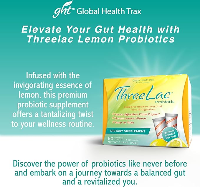 Global Health Trax ThreeLac Lemon Probiotic Drink Mix for Digestive Health - Advanced Probiotic Powder Formula for Men Women and Kids - Immune Support &amp Gut Balance Non-GMO - 120 Packets