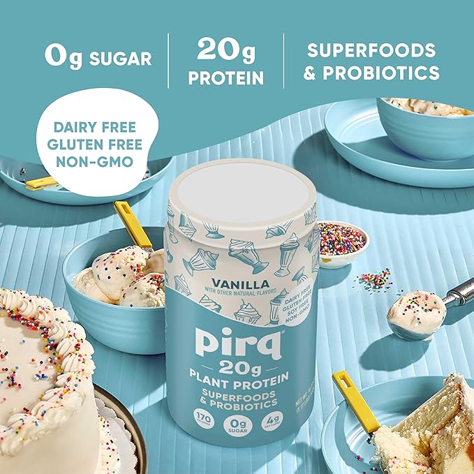 Pirq Dairy Free Protein Powder with 20g Protein 2B CFU Probiotics 25 Superfoods Greens and Fruits Vegan 0g Sugar (14 Servings) (Vanilla)