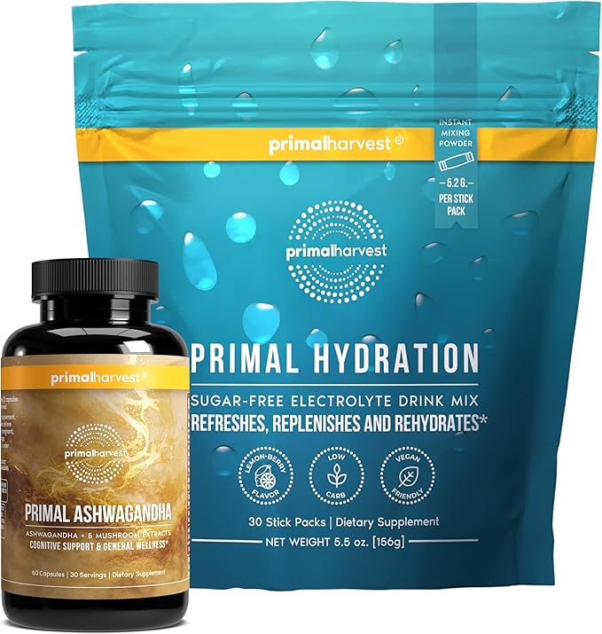 Primal Harvest Daily Two-Step Routine | Ashwagandha + Hydration | 2 Pack | 30 Day Supply