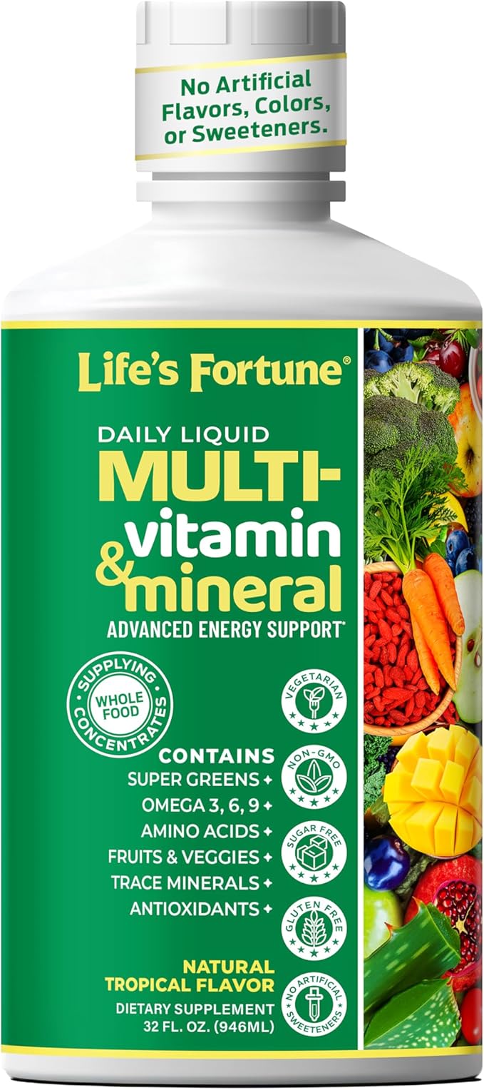 Life's Fortune Liquid Multivitamin for Adults Men &amp Women Teens – High Absorption Daily Vitamins – Trace Minerals Amino Acids with Biotin L-Arginine Potassium – Tropical Flavor Sugar Free 32