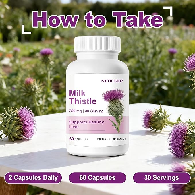 NETICKLP 750mg Milk Thistle Supplement - Organic Milk Thistle Extract for Healthy Liver Herbal Wellness Support Non-GMO Gluten-Free 60 Capsules