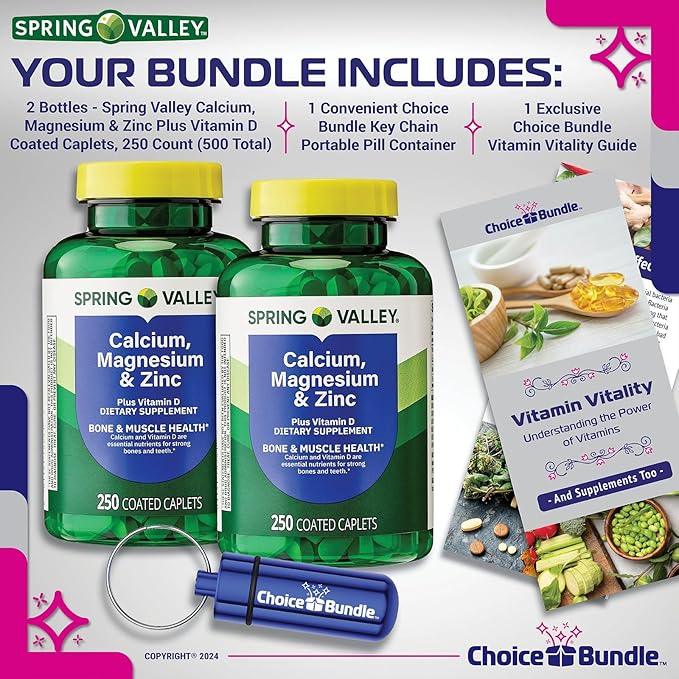 Spring Valley Calcium Magnesium &amp Zinc Plus Vitamin D Coated Caplets 250 Ct 2 pk (500 Total) + Vitamin Vitality &amp Pill Container (4 Items)!