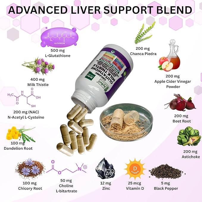 Glutathione NAC Milk Thistle Supplement | Liver Health Support | 32-in-1 Herbal Antioxidant Formula with Chanca Piedra Turmeric Dandelion Root Beet Root &amp Zinc | Halal Vegan Organic Daily Welln