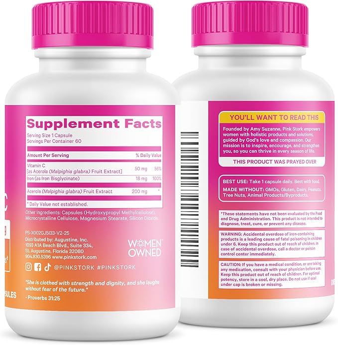Pink Stork Iron for Women – 18 mg Non-Constipating Iron Bisglycinate + Vitamin C for Optimal Absorption – Energy Focus &amp Oxygen Supply – PMS Pregnancy Postpartum &amp Perimenopause - 60 Capsu