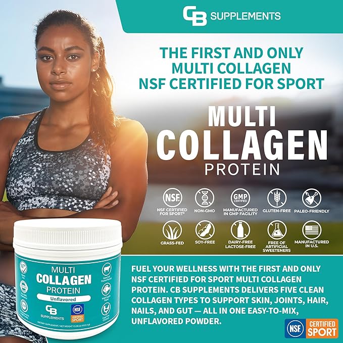 CB Supplements NSF Certified for Sport Multi Collagen Protein Powder Bone Skin Hair and Joint Support | Hydrolyzed Collagen Supplements (58 Servings (Pack of 1) Unflavored)