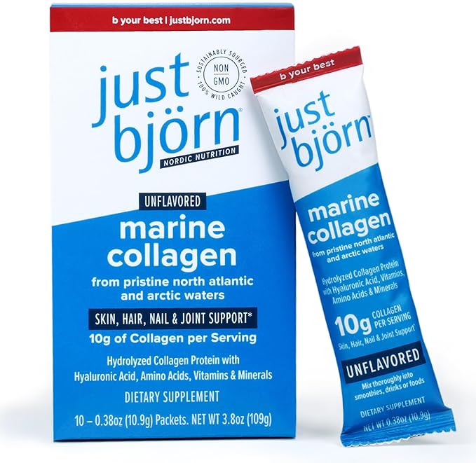 Just Bjorn Marine Collagen Peptides Powder On-The-Go Stick Packs (10 Pack) + 45 Serving Pouch (17.3 Ounce) - Skin Hair Nail and Joint Support - Hyaluronic Acid Vitamin C Amino Acids - Unflavored