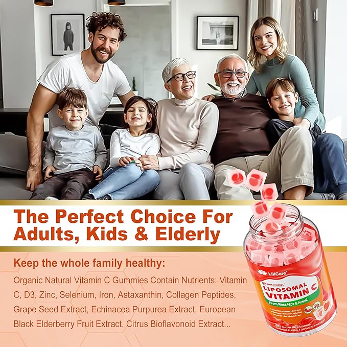 Natural Liposomal Vitamin C 1000mg Gummies for Adults &amp Kids 9+ Chewable Vitamin C w/ 11mg Zinc D3 Elderberry Echinacea  Bioflavonoid Immune Support Whole Food VIT C from Fruits Sugar Fre