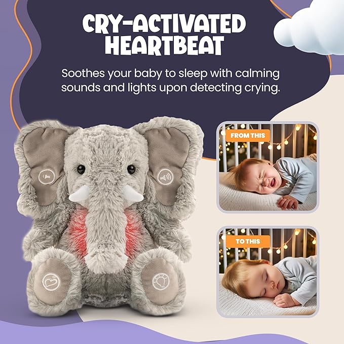 Gemma Joy Bedtime Baby Soothers &amp StickyOnes Sleep Patches - Cry Activated Heartbeat Elephant Plush Toy Stuffed Animal with Calming Light &amp All-Natural No Melatonin Bedtime Patches for Kids