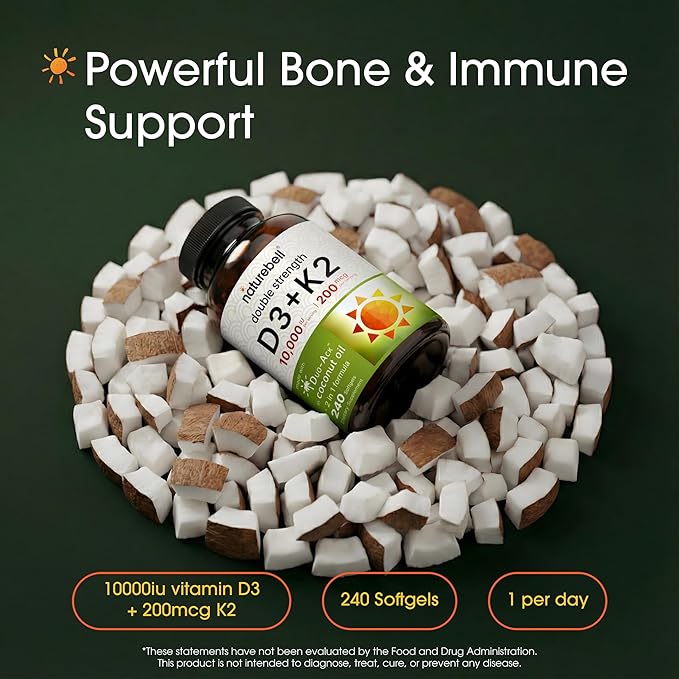 NatureBell Vitamin Double Strength D3 + K2-240 Softgels - 10000 IU Vitamin D &amp 200mcg K2 - Bone Strength Immune Function &amp Calcium Absorption Support* - Coconut Oil Infused