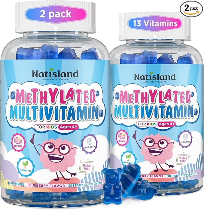 Kids Methylated Multivitamin - Chewable Multivitamin for Kids &amp Teens 4+ With L Methylfolate Vegan Omega-3 Zinc Probiotics &amp Elderberry Immune Support Brain Health MTHFR Supplement 2PC