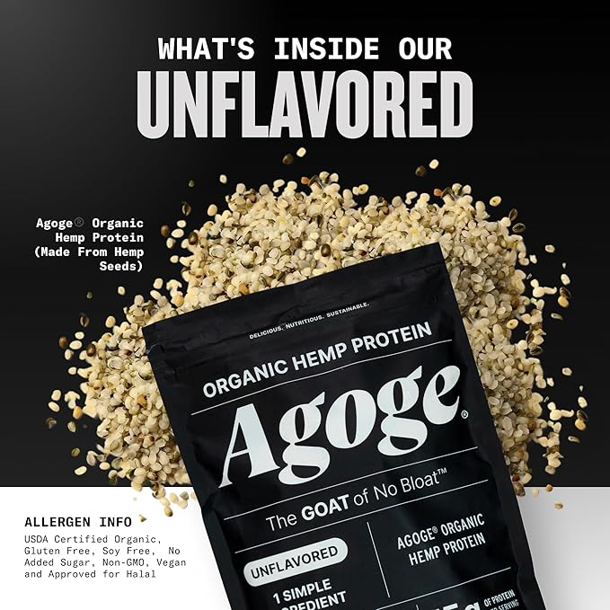 Agoge - USDA Organic Hemp Protein Powder The Goat of No Bloat NSF Certified for Sport All Flavor Essential Amino Acids Plant-Based Gluten Free for Women &amp Men (20 Servings) (Unflavored)