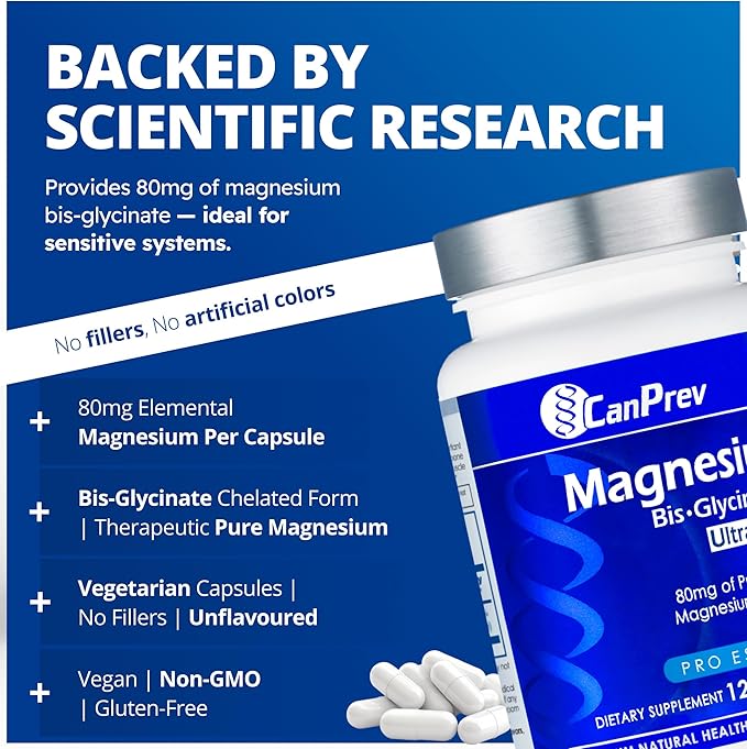 CanPrev Magnesium Biglycinate Chelated 80mg Ultra Gentle 120 V-Caps 120-Day Supply - Support Muscle Function Bone Strength &amp Relaxation Pure Magnesium Bisglycinate Formula Promote Comfort &amp