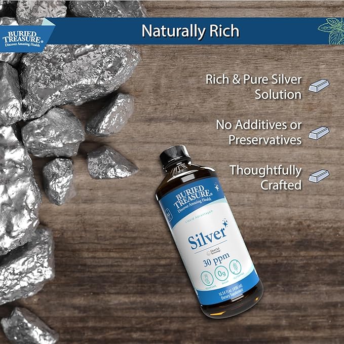 Buried Treasure Purified Silver Liquid 30 PPM - 16 oz. 96 Servings Non-Accumulative Nano Silver Solution Spray &amp Dietary Immune Supplement